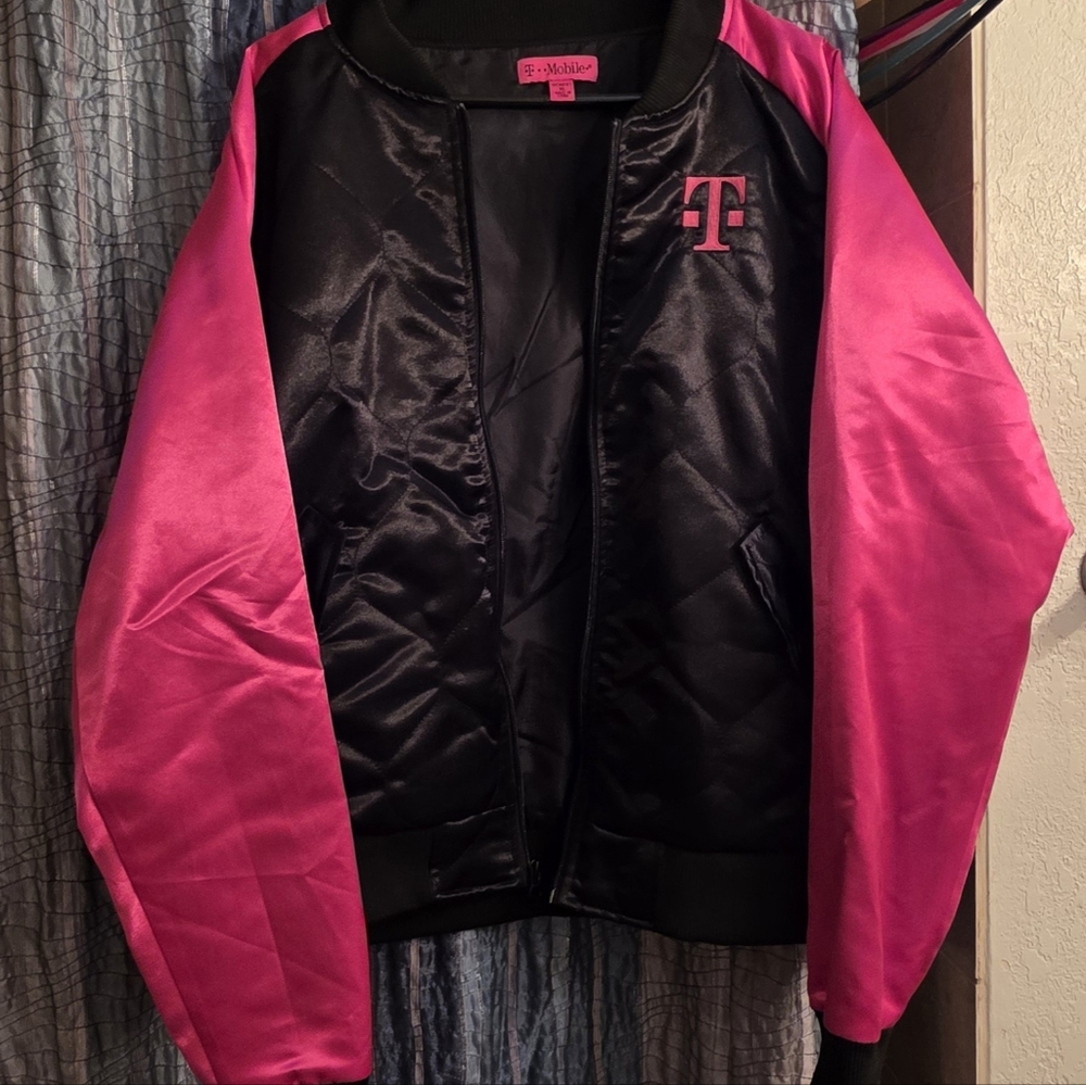 Black and Pink Satin Bomber Jacket - T-Mobile